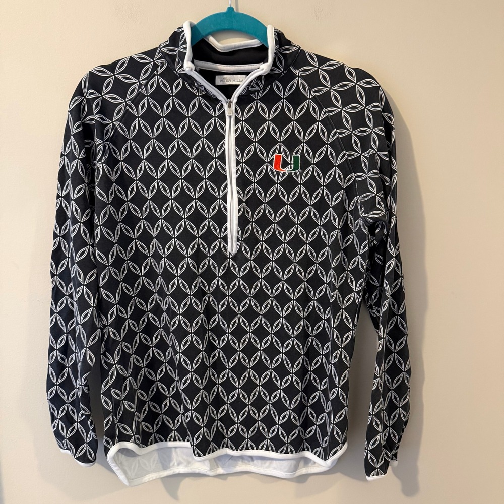 Peter Millar University of Miami Hurricanes Quarter Zip Pullover Black White M